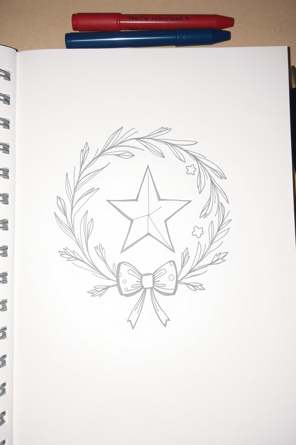 Sketch Drawing of a Christmas Wreath with a Star