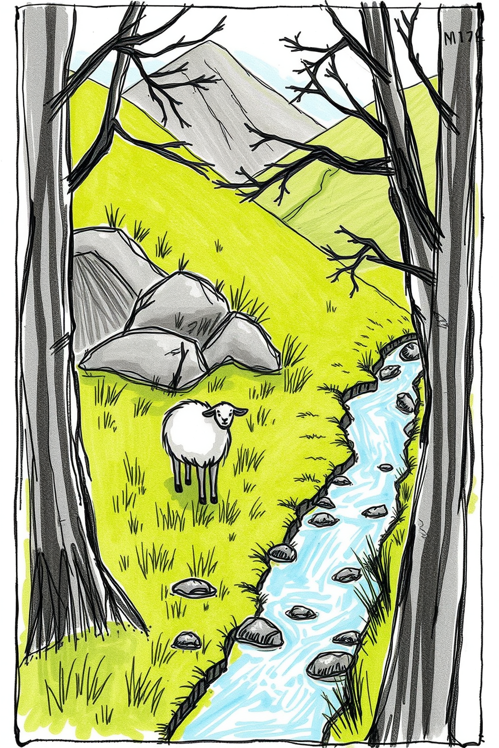Sketch Drawing of a Lost Sheep near a Stream