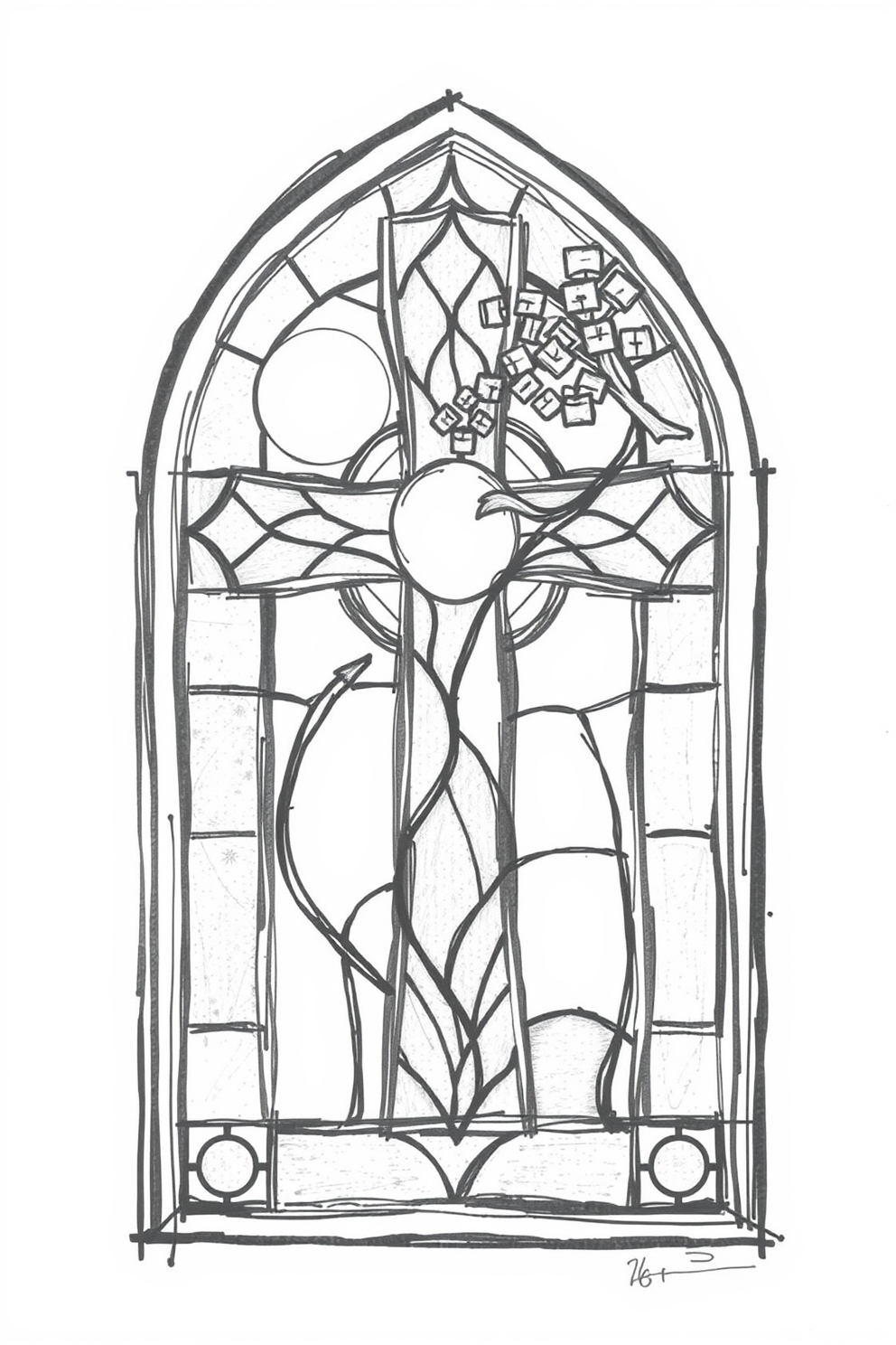 Sketch Drawing of a Stained Glass Cross with Nature