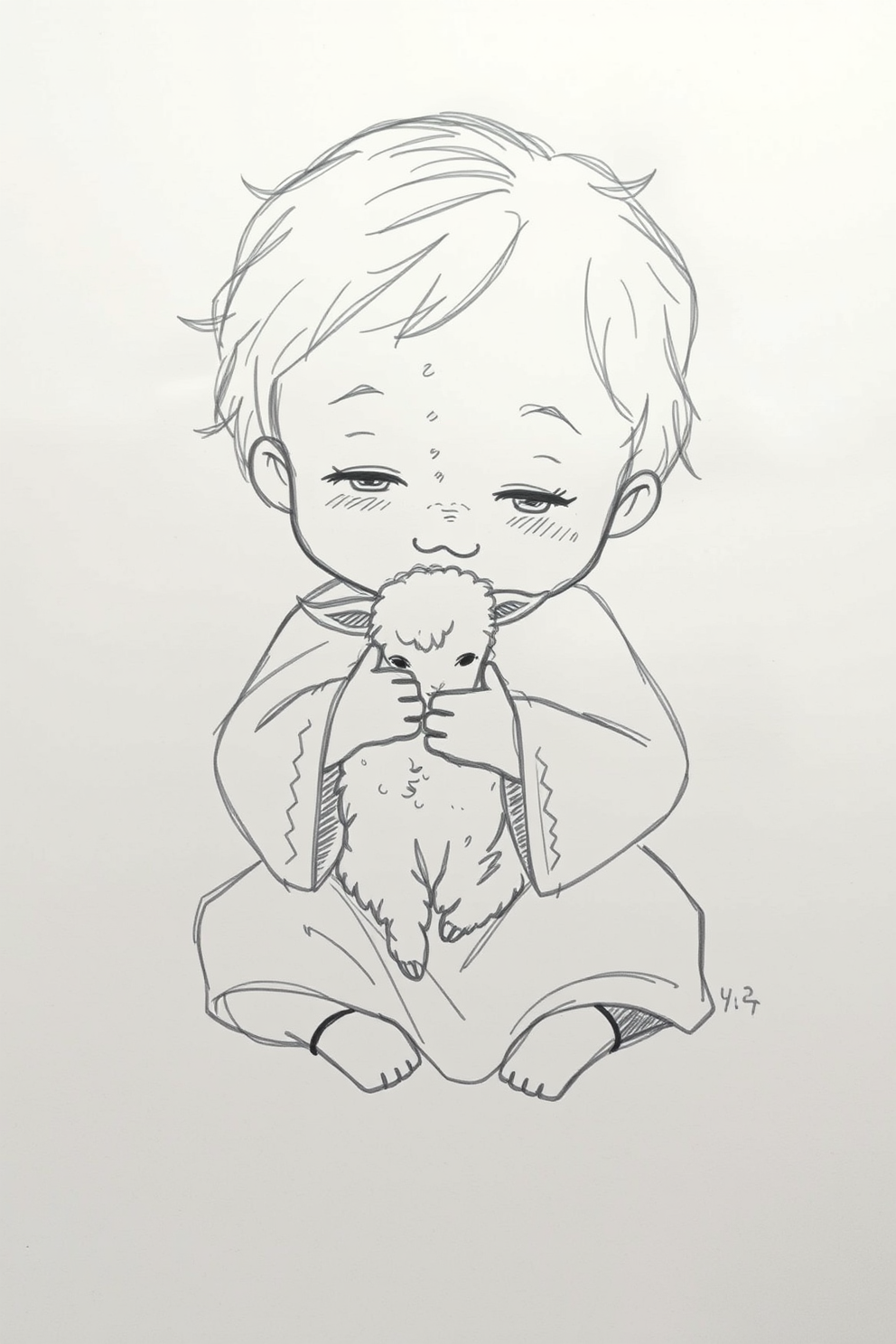 Sketch drawing of Baby Jesus holding a lamb drawing