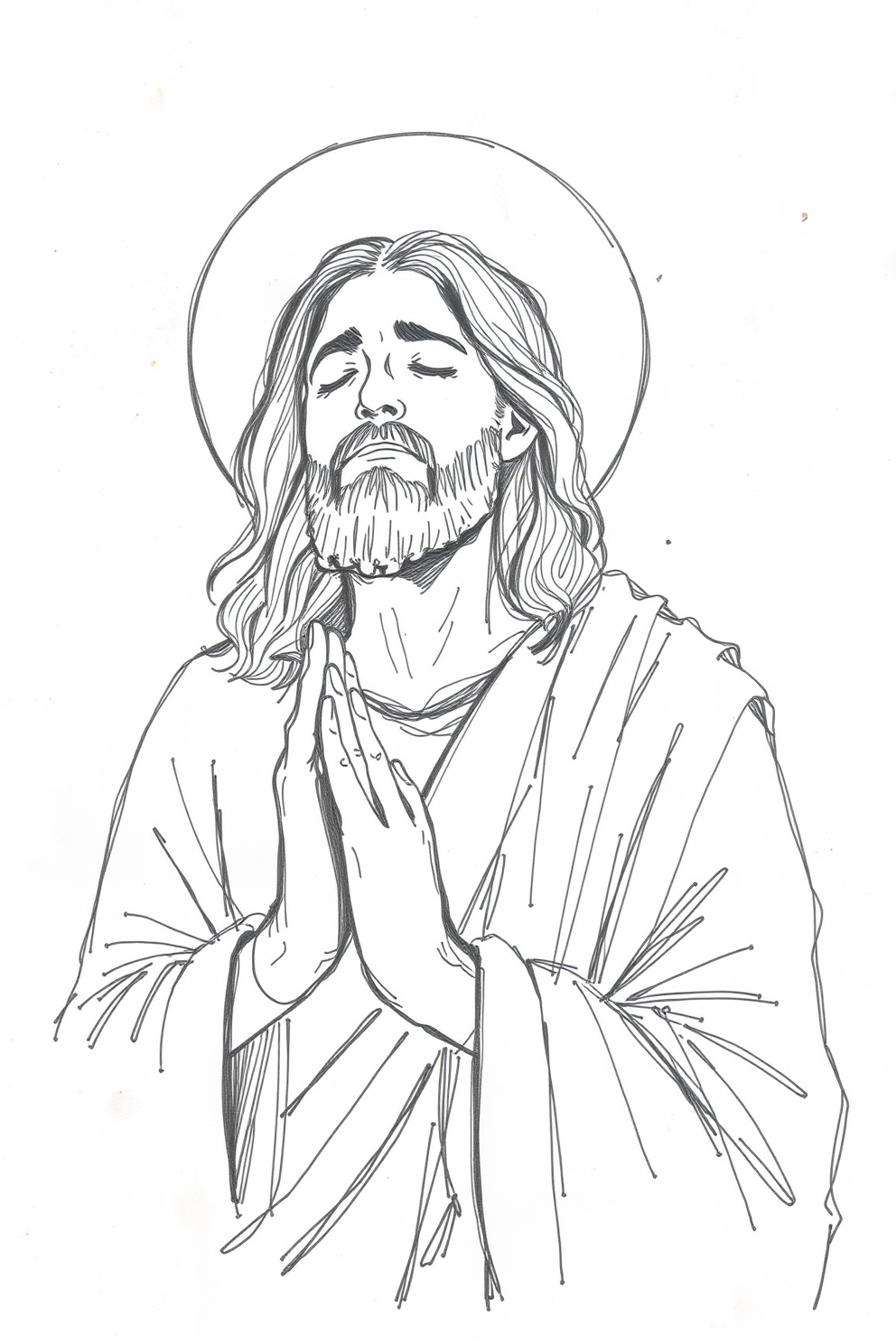 Sketch drawing of Jesus in prayer