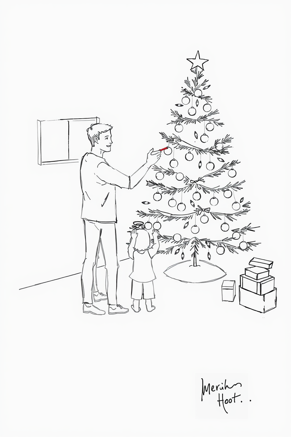 Sketch of Family Decorating the Christmas Tree Drawing