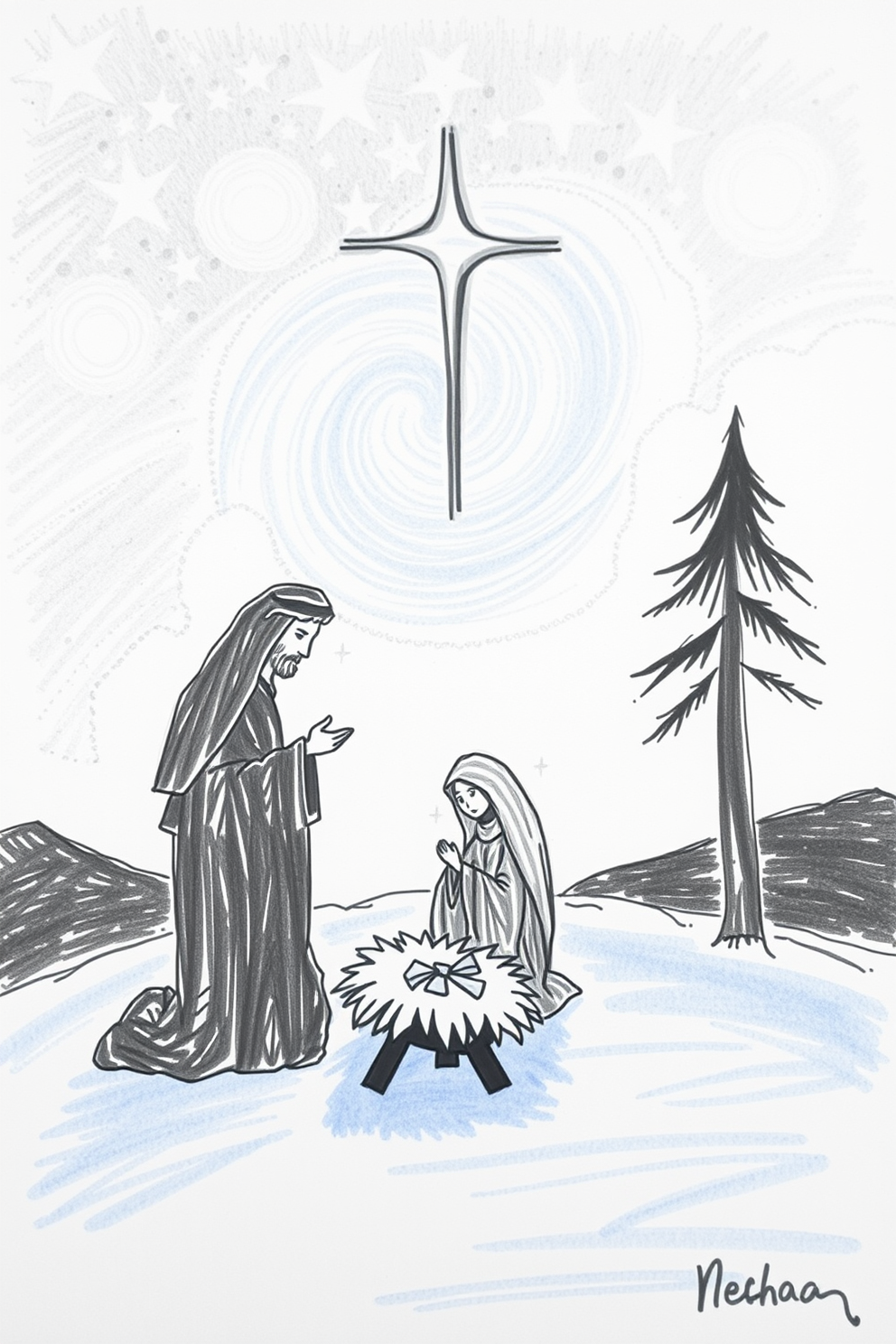 Sketch of Nativity Scene in a Starry Night Drawing