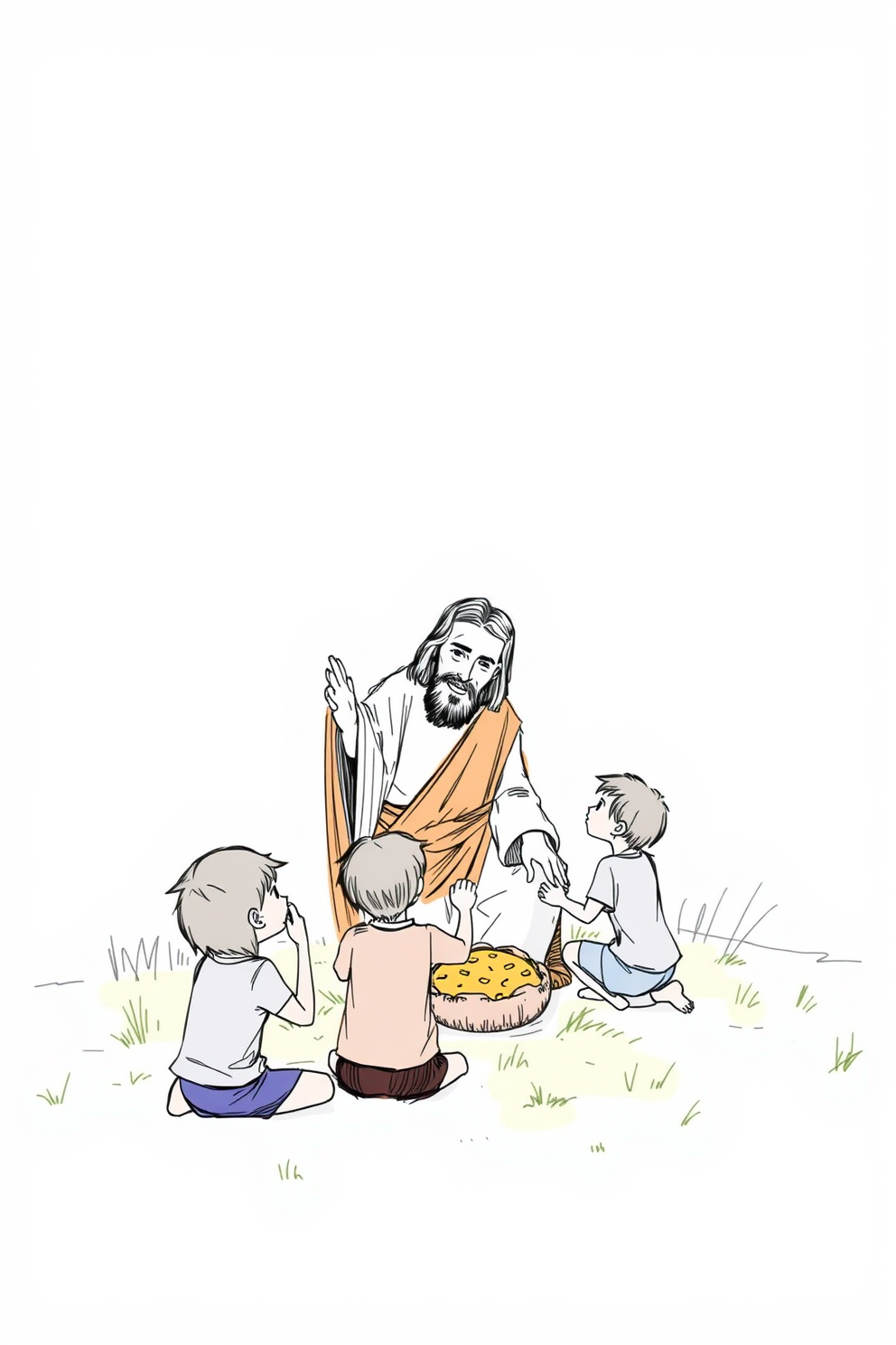 Sketched Jesus with Children at Play Drawing