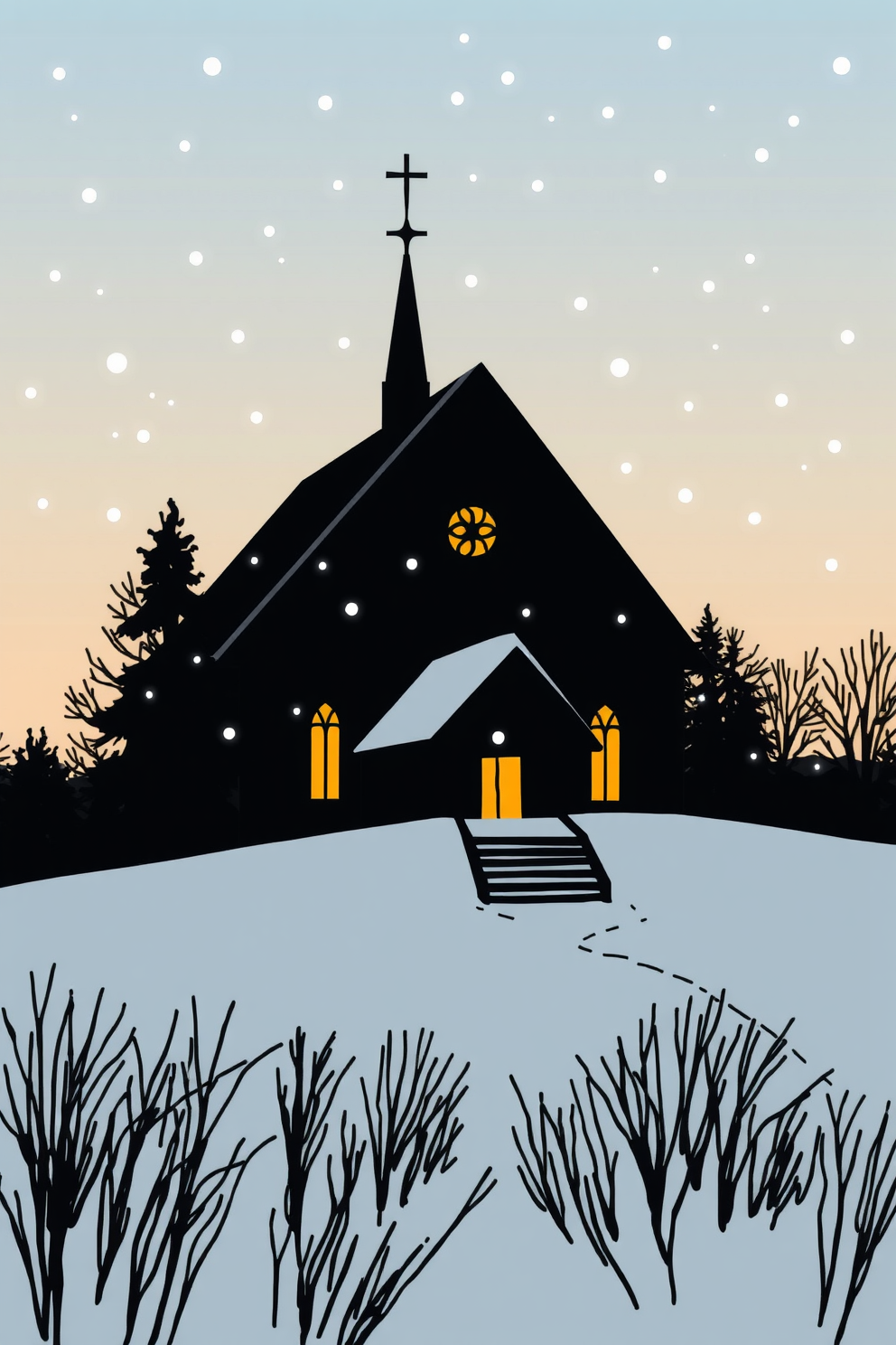 Snowy Church Silhouette Drawing