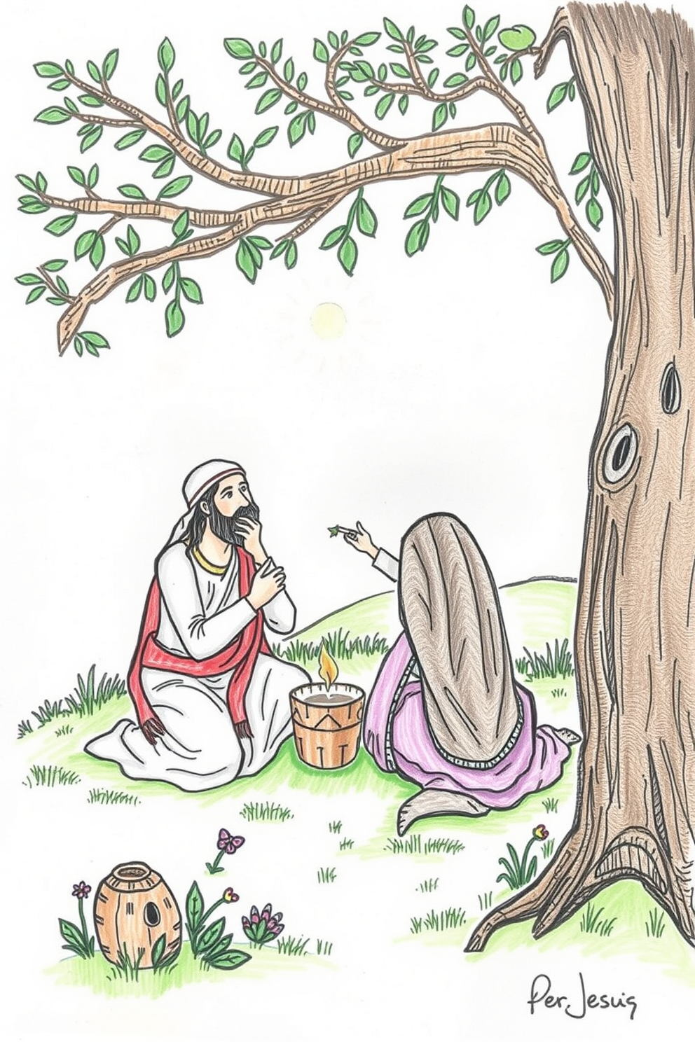 Temptation of Jesus Whimsical Nature Drawing