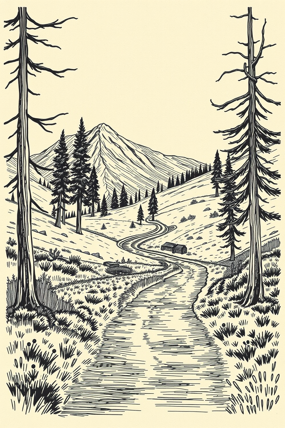 Vintage Road to Emmaus Path Drawing