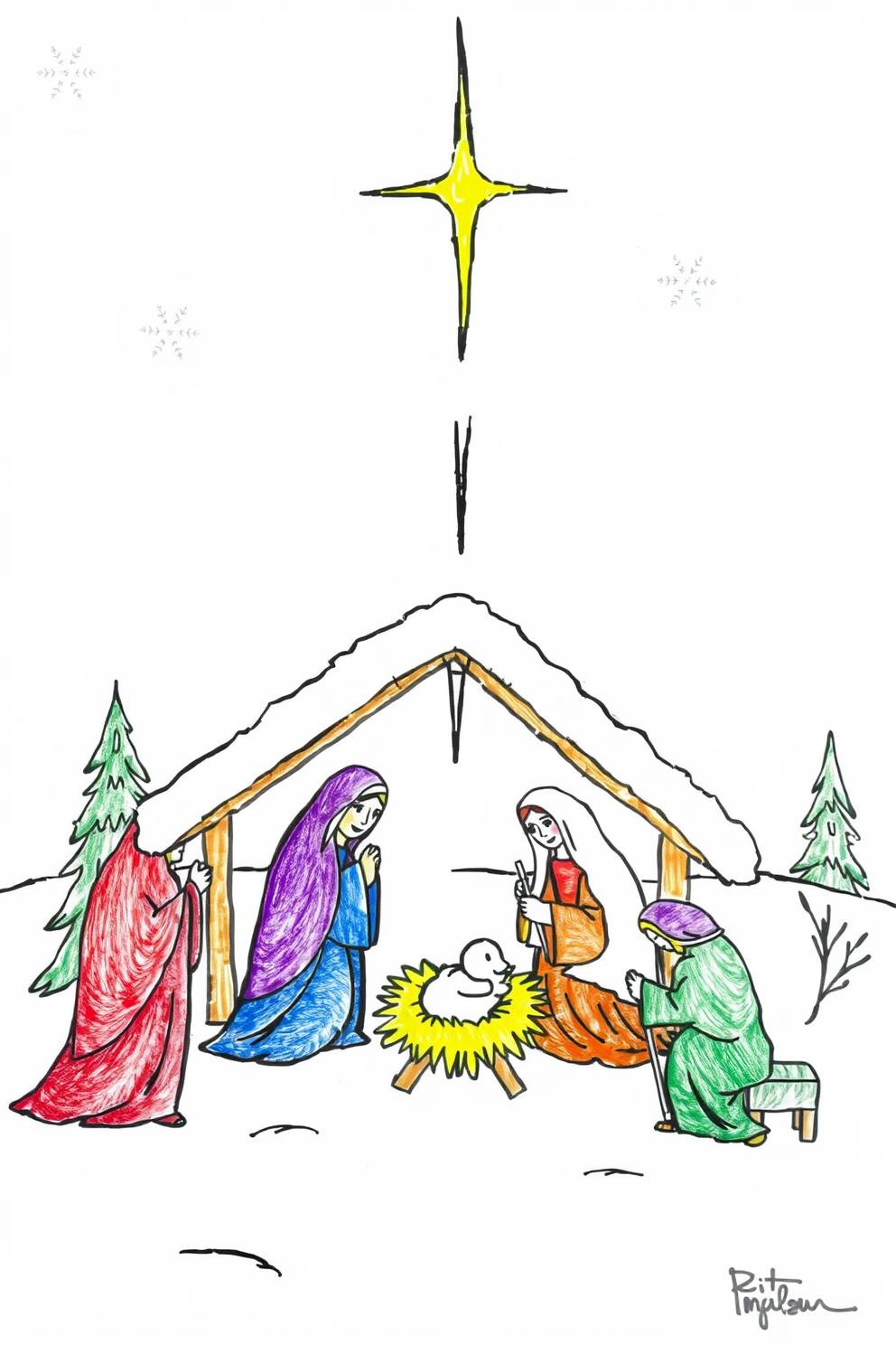 Winter Wonderland Nativity Scene Drawing