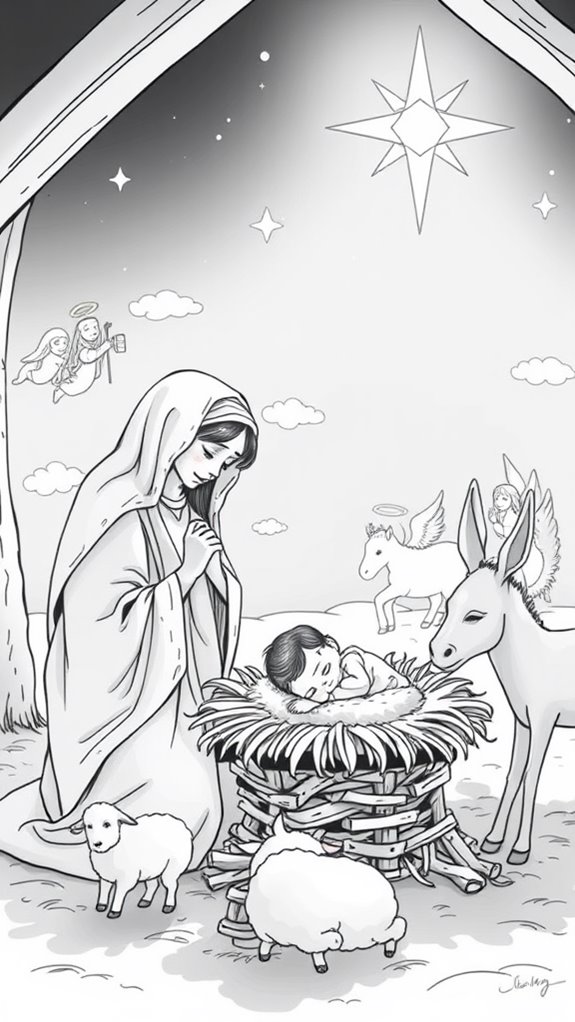 black and white nativity scene