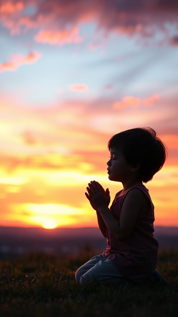 child praying at sunset