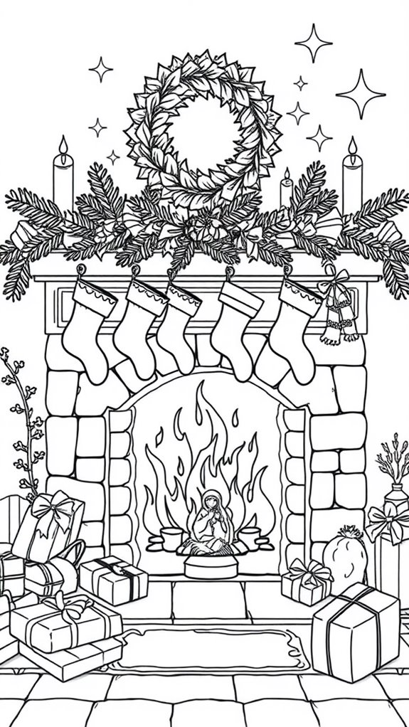 christmas fireplace coloring page