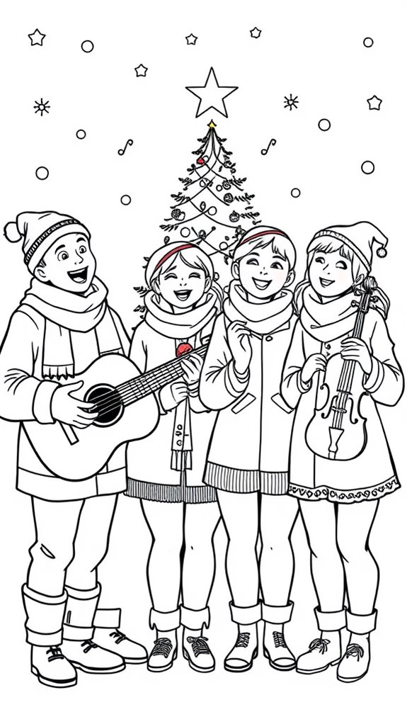 festive carolers with instruments