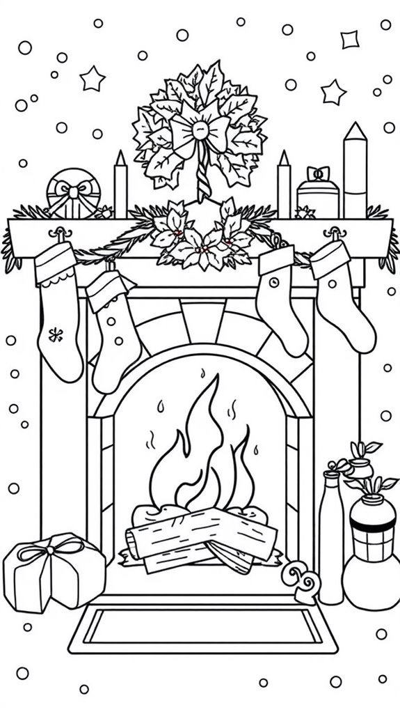 festive fireplace coloring page