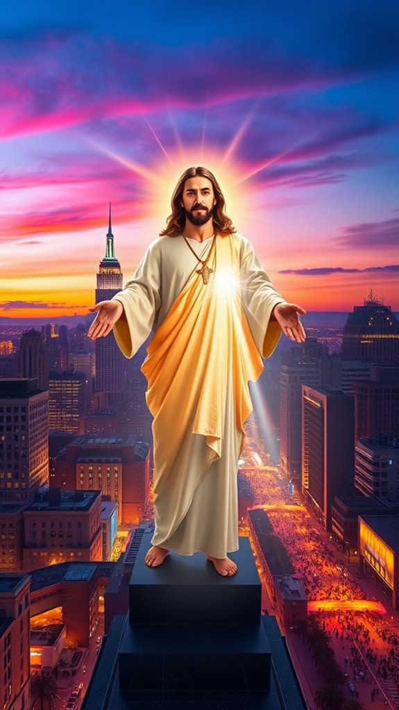 jesus illuminates dusk city