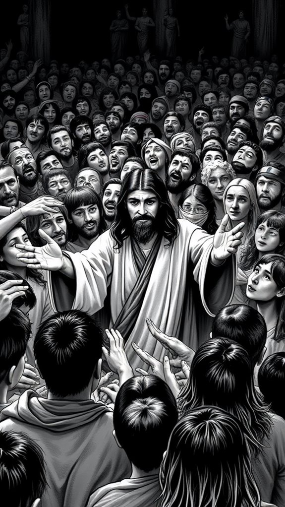 monochrome jesus feeding multitude