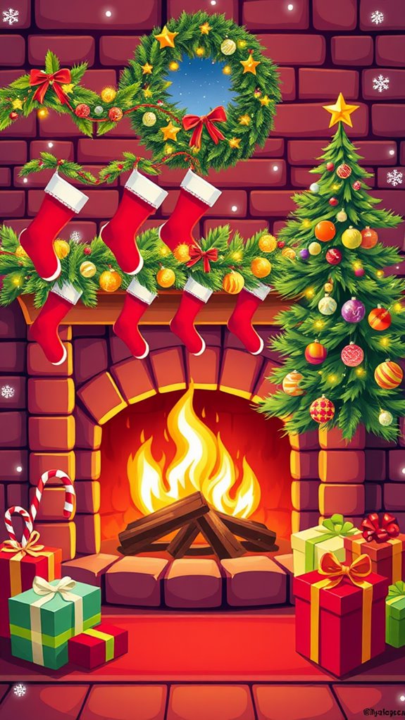 vibrant holiday fireplace illustrations