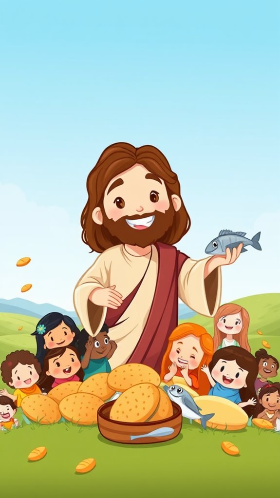 whimsical jesus feeding crowds