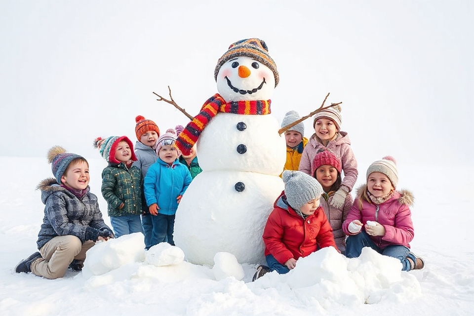 cheerful snowman with children