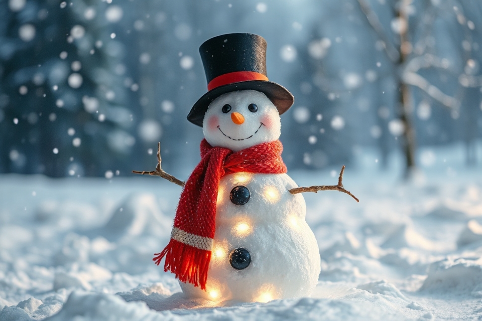 cheerful snowman with lights