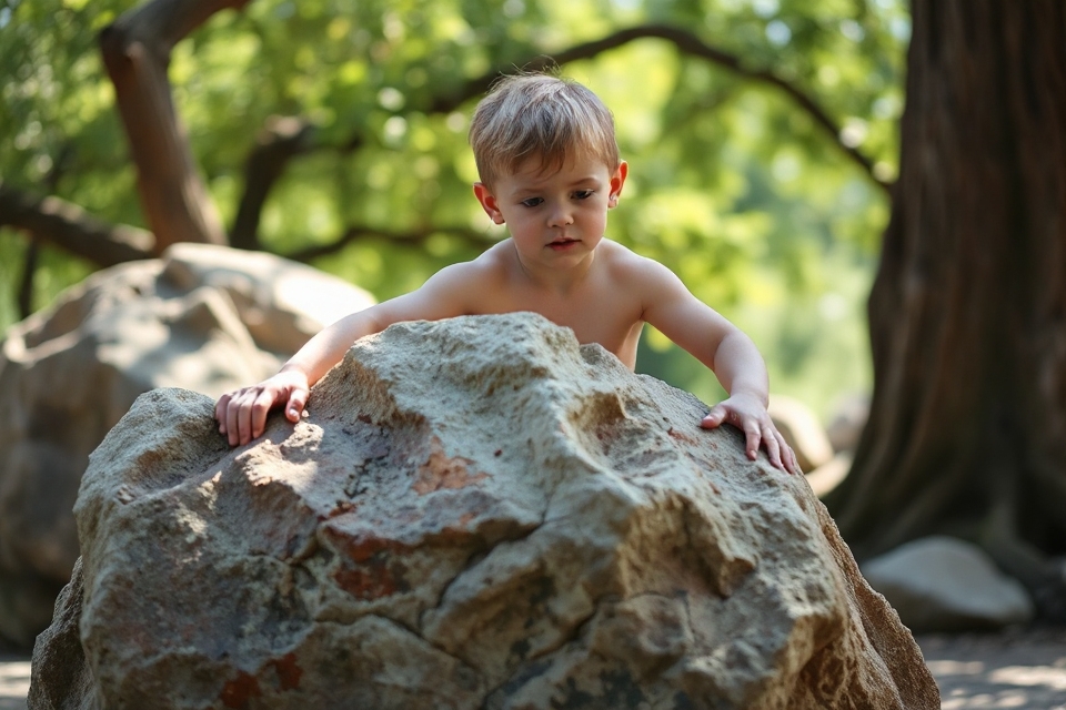 child lifting giant rock