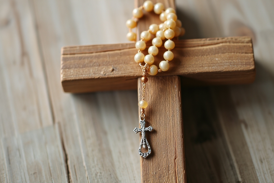 delicate wooden cross rosary