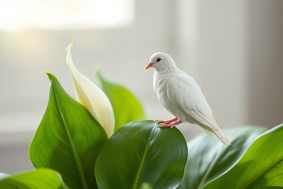 dove on peace lily