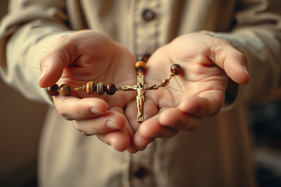 handcrafted rosary in hands
