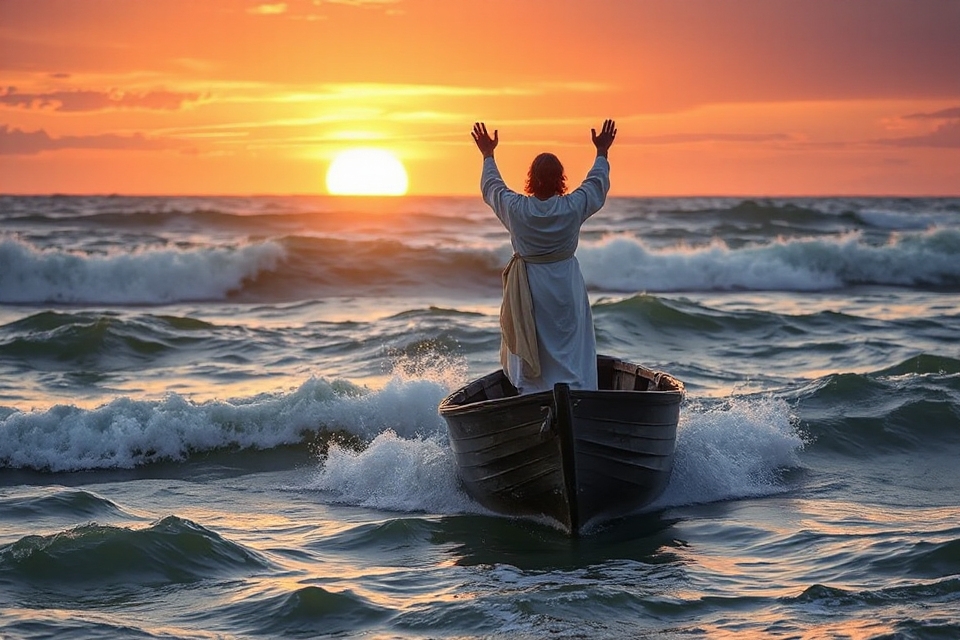 jesus calms storm sunset