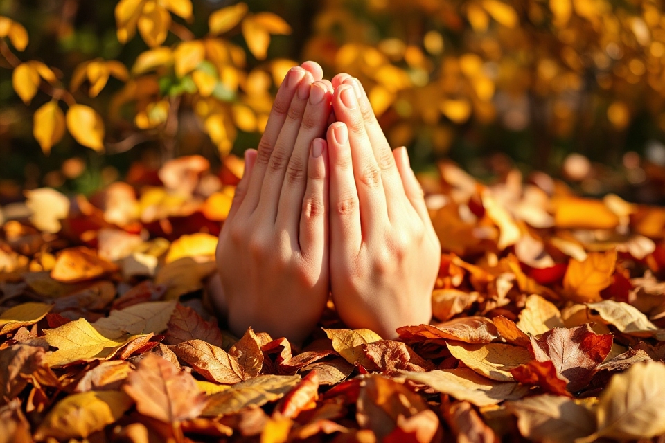 praying hands with leaves