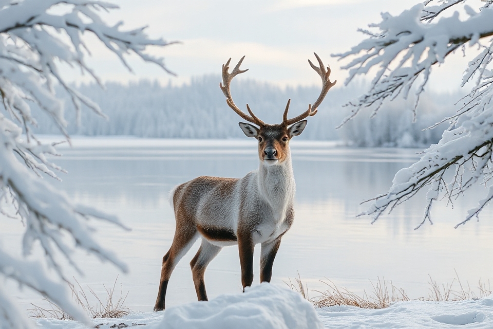 reindeer by frozen lake