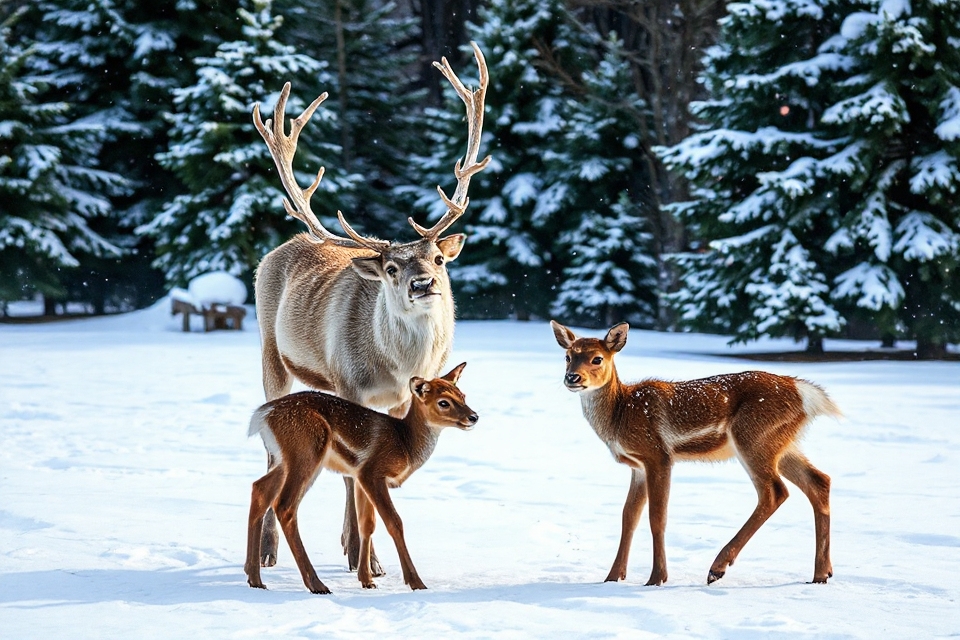 reindeer family winter scene