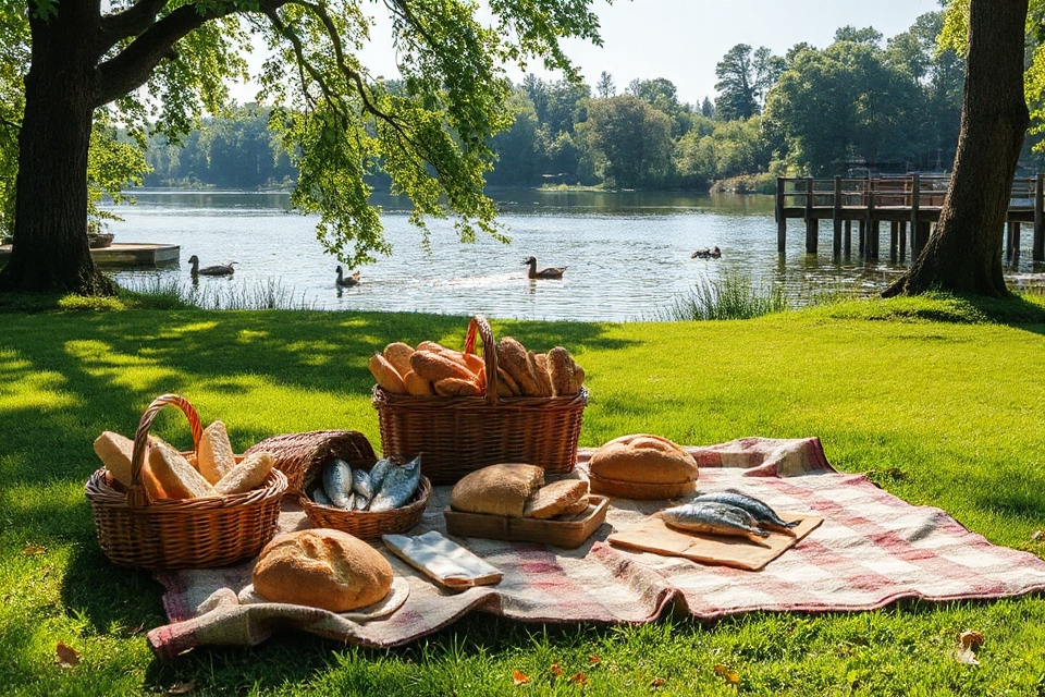 serene lakeside picnic setup