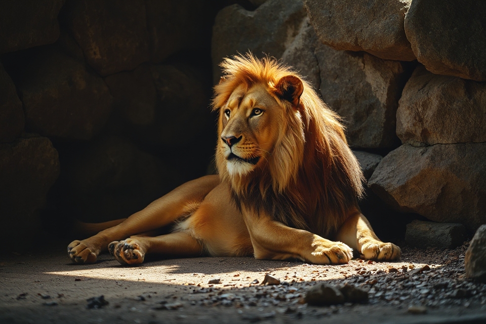 single lion in den
