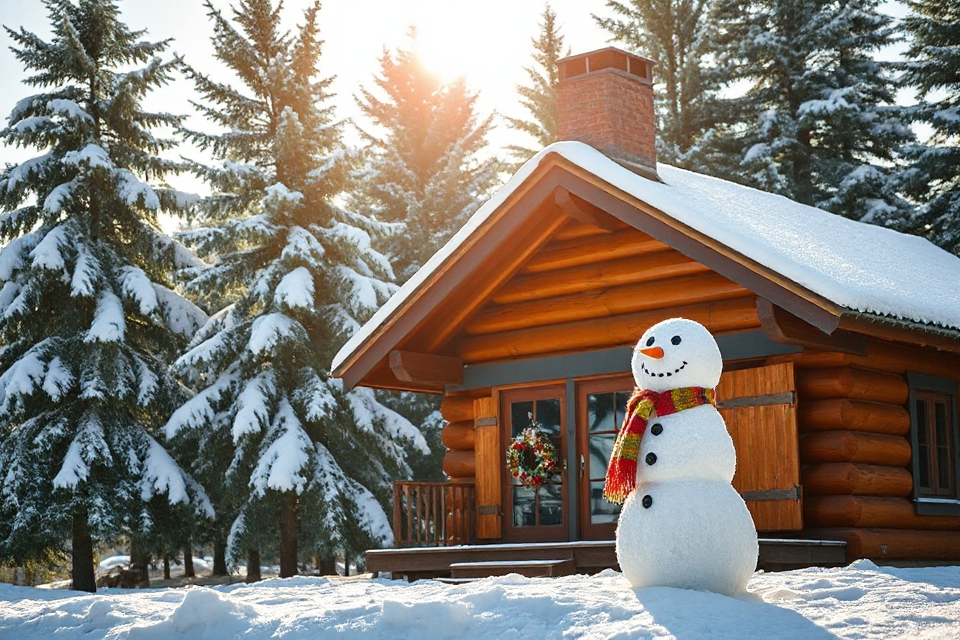 snowman by cozy cabin
