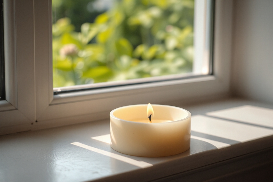 unlit candle on windowsill